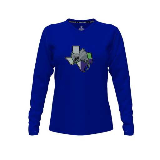 [CUS-DFW-TEES-CMF-VNK-LSL-RYL-FYXS-LOGO2] Decker Comfort T-Shirt (Female Youth XS, Royal, V Neck, Logo 2, Long Sleeve)