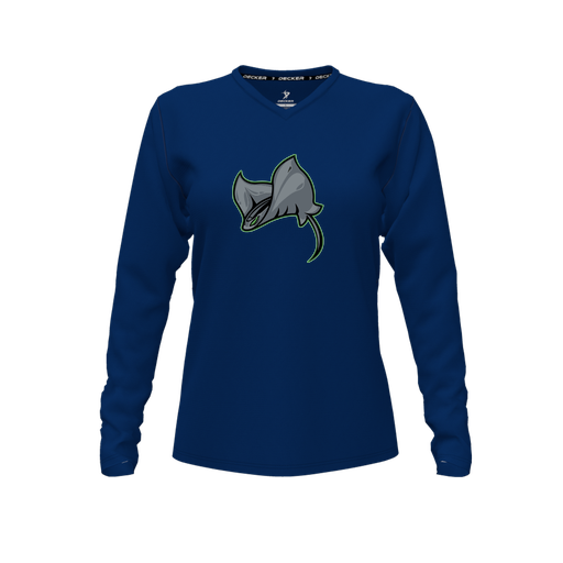 [FTLVPTNV-FYXS-LOGO1] Decker Performance T-Shirt (Female Youth XS, Navy, V Neck, Logo 1, Long Sleeve)