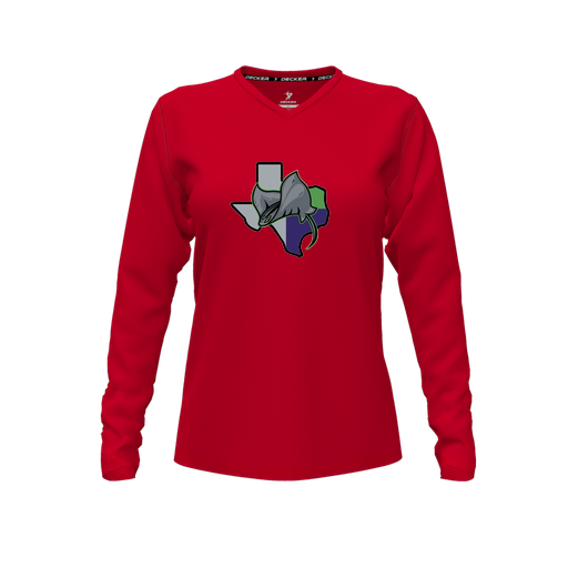 [CUS-DFW-TEES-PER-VNK-LSL-RED-FYXS-LOGO2] Performance T-Shirt (Female Youth XS, Red, V Neck, Logo 2, Long Sleeve)