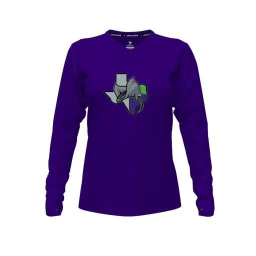 [CUS-DFW-TEES-PER-VNK-LSL-PUR-FYXS-LOGO2] Performance T-Shirt (Female Youth XS, Purple, V Neck, Logo 2, Long Sleeve)